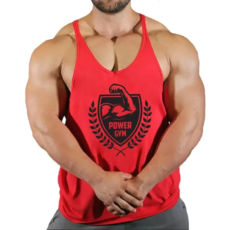 Gym Stringer Vest for Men - Power Theme Print, Breathable Cotton Fabric, Y - Back Style, Great for Bodybuilding Workouts